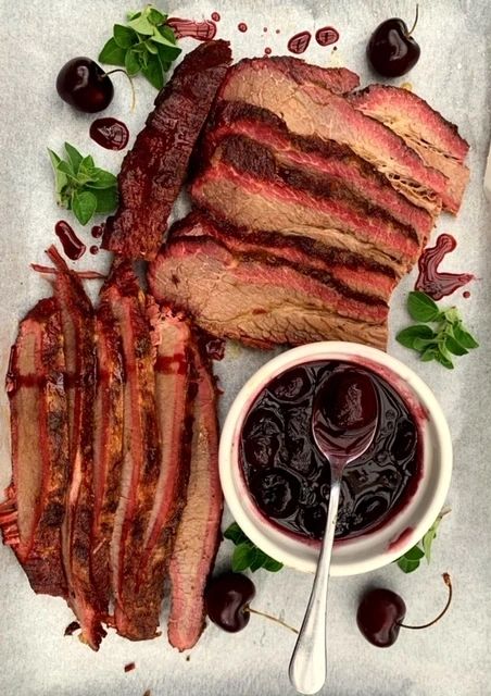 Smoked BBQ Brisket with Cherry and Shiraz Sauce